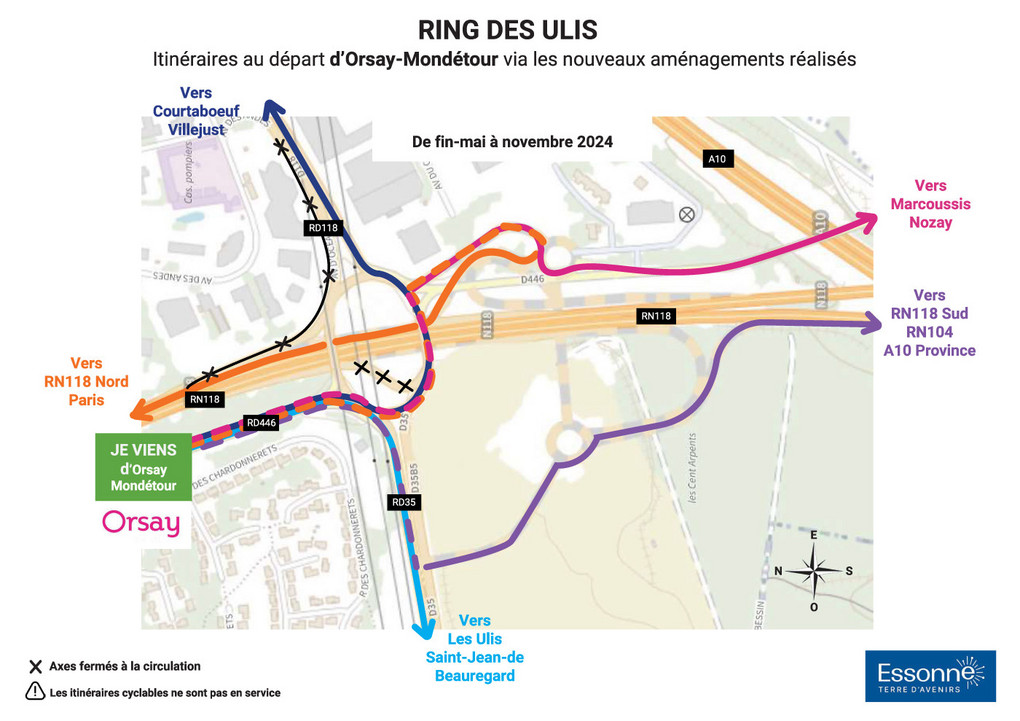 Itinéraires au départ d’Orsay-Mondétour via les nouveaux aménagements réalisés notamment avec la mise en service de la bretelle RD446 - De fin mai à novembre 2024