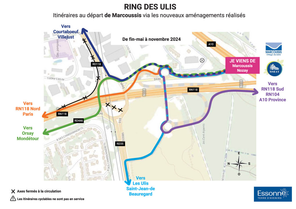 itinéraires au départ de Marcoussis via les nouveaux aménagements réalisés notamment la mise en service de la bretelle RD446 – Fin-mai à novembre 2024