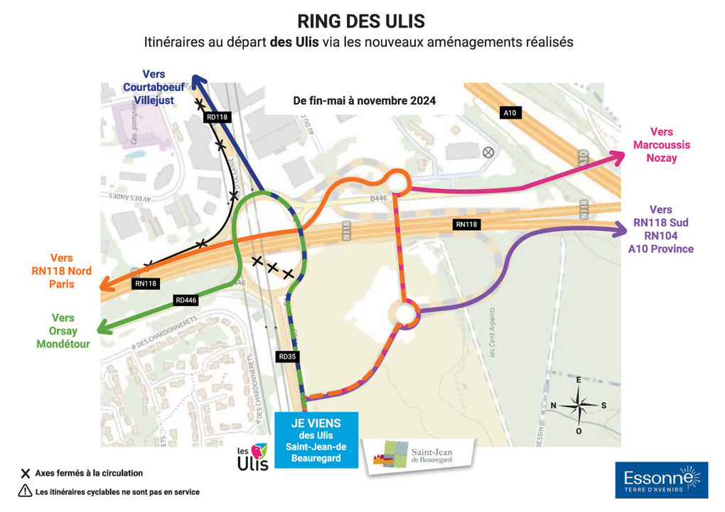 nouvelle carte des itinéraires au départ des Ulis via les nouveaux aménagements réalisés notamment avec la mise en service de la bretelle RD446 – Fin mai à novembre 2024